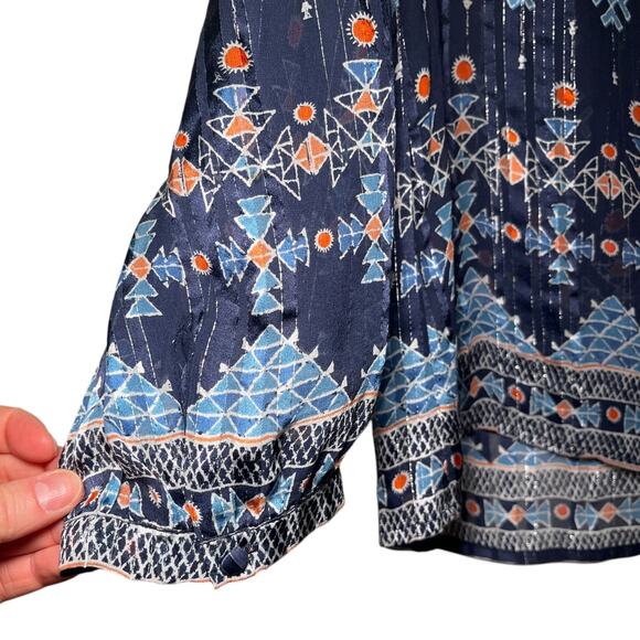 Joie Sendoa Metallic Silk Geometric Print Long Sleeve Blouse Navy Blue Size S - Picture 5 of 6